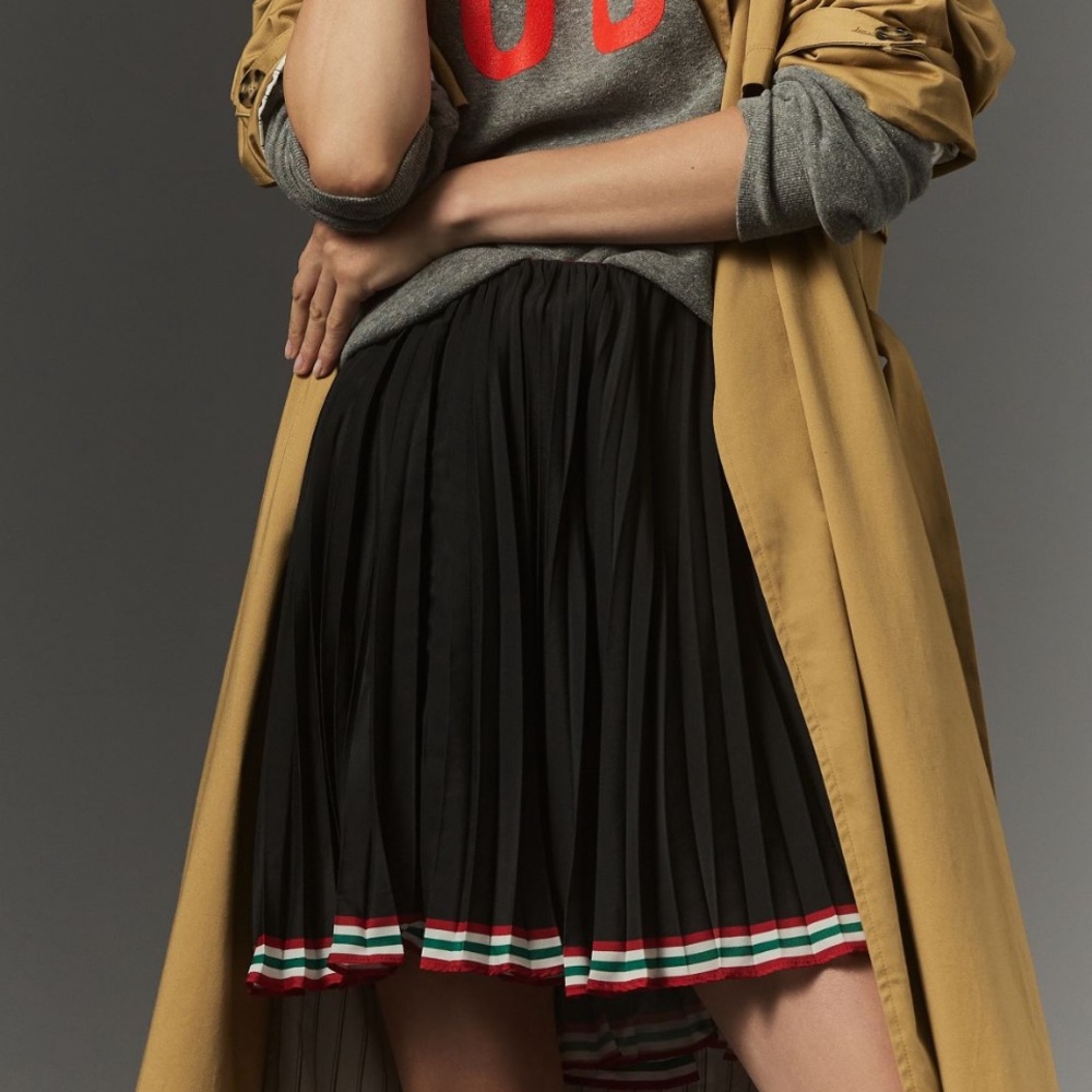 Anthropologie Black Pleated Mini Skirt with Red, White & Green Trim
